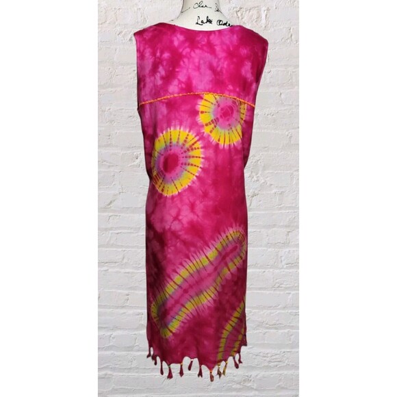 Tie Dye Midi Dress Juniors LG Pink Sleeveless Beaded Fringe Boho Hippie Gypsy - Picture 5 of 6